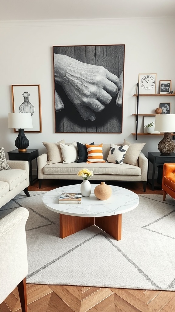 Stylish living room featuring a marble coffee table with wooden legs, surrounded by modern furniture.