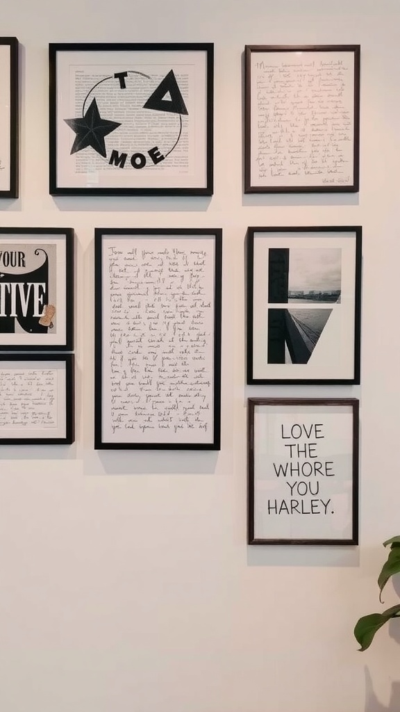 A collection of black-and-white abstract prints and handwritten notes framed on a gallery wall.