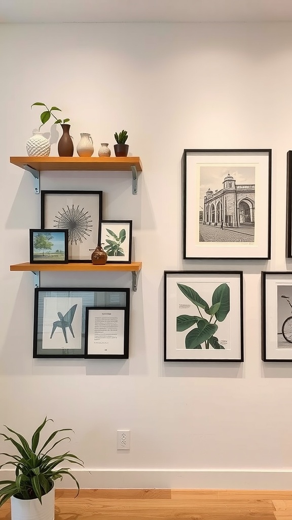 A gallery wall featuring black-and-white abstract prints with two wooden shelves displaying decorative items.