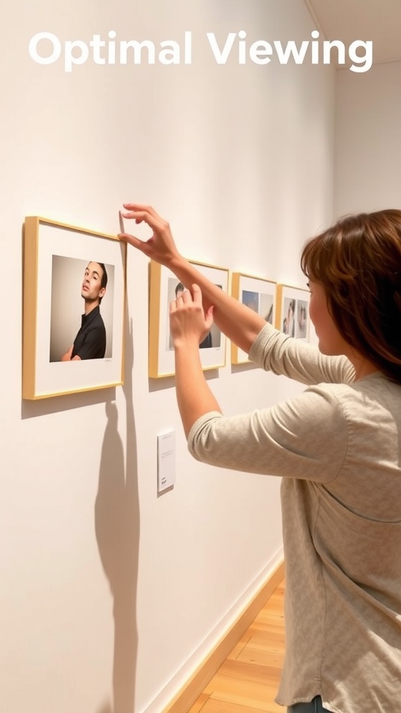 Person adjusting framed black-and-white prints on a gallery wall