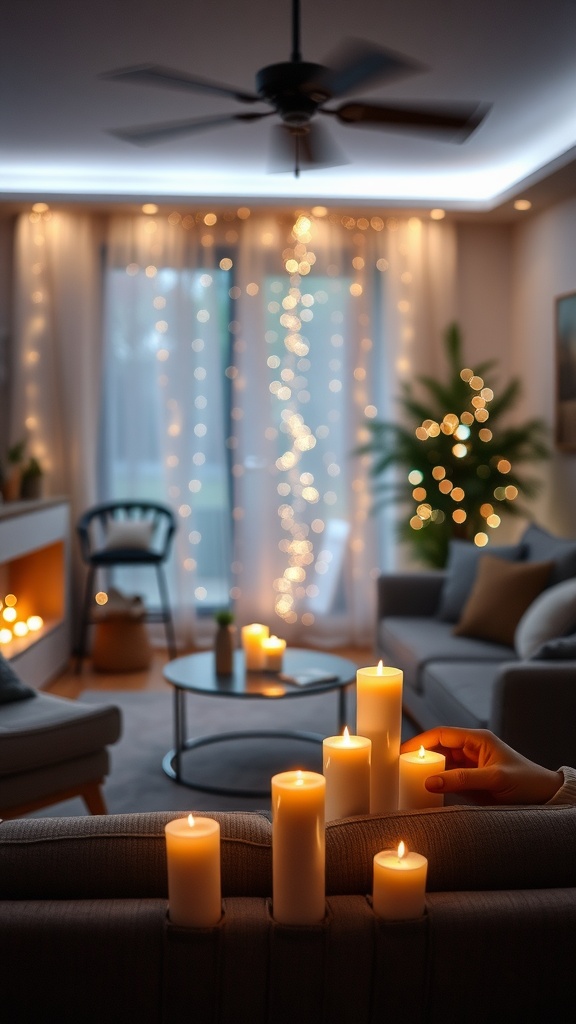 A cozy living room with candles and string lights creating a warm atmosphere.
