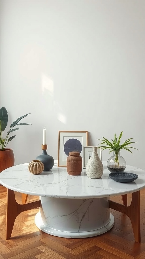 A stylish coffee table featuring a sleek marble top and warm wooden legs, adorned with decorative vases and a plant.