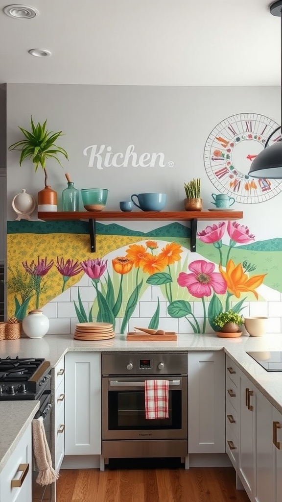 A kitchen featuring a vibrant floral wall mural with shelves displaying various kitchen items.