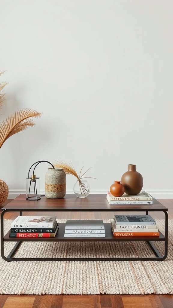 A stylish marble and wood coffee table with decorative items.