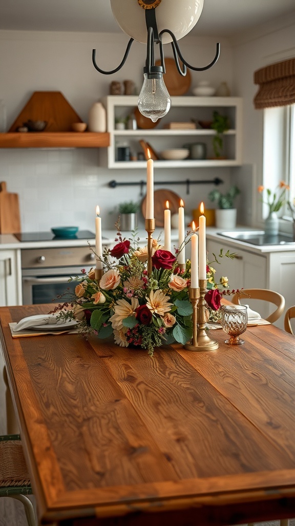 A cozy kitchen table adorned with a floral centerpiece, candles, and rustic decor.