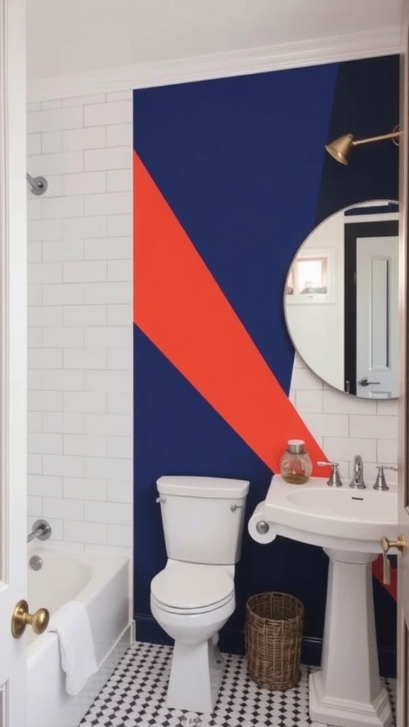 A bathroom featuring a bold purple accent wall with a bathtub, sink, and stylish lighting.