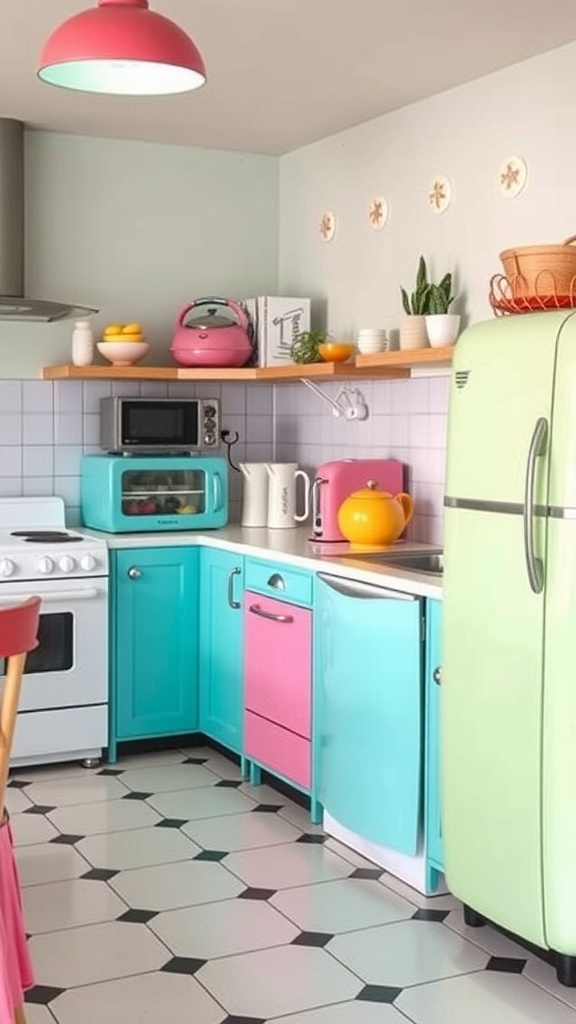 A colorful bohemian kitchen with pink and green appliances
