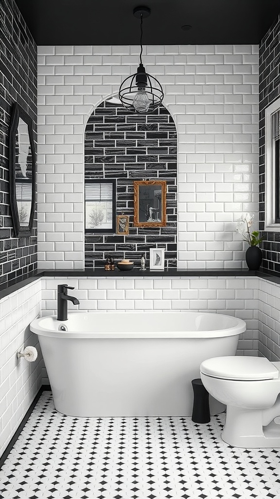 A stylish monochrome bathroom featuring black and white tiles, a freestanding tub, and decorative mirrors.