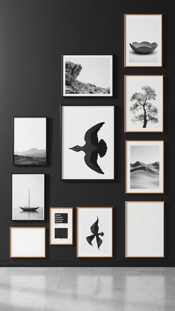 A stylish monochrome gallery wall featuring black-and-white abstract prints and line art in simple frames.