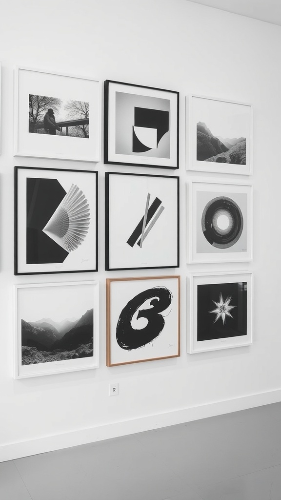 A gallery wall featuring various black-and-white abstract prints in simple frames.