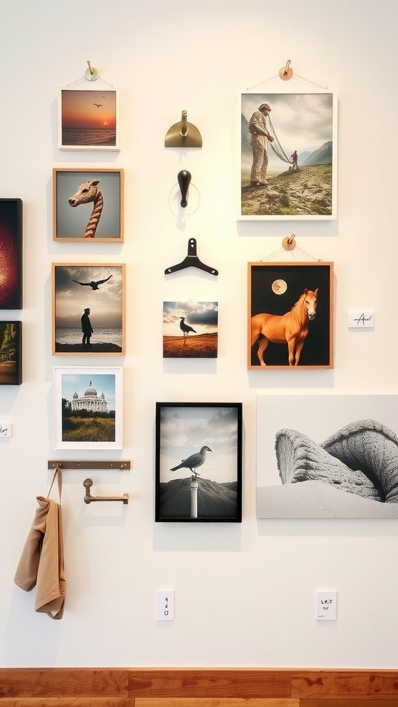 A stylish gallery wall featuring various abstract and nature-themed prints in simple frames.