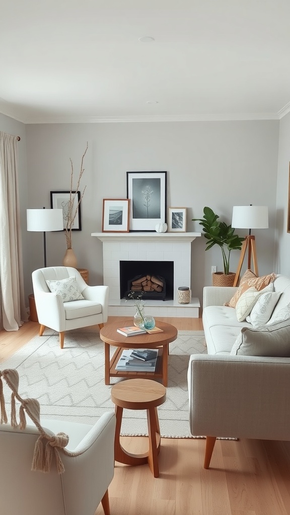 A cozy Scandinavian living room featuring neutral tones, stylish furniture, and decorative elements.
