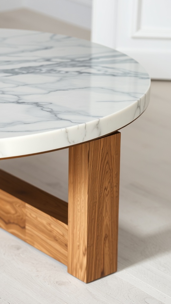 Close-up of a marble coffee table with wooden legs.