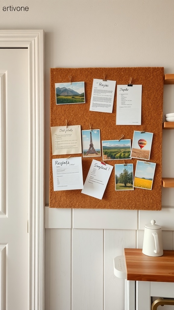 A cork board displaying recipes and travel photos in a cozy kitchen setting.