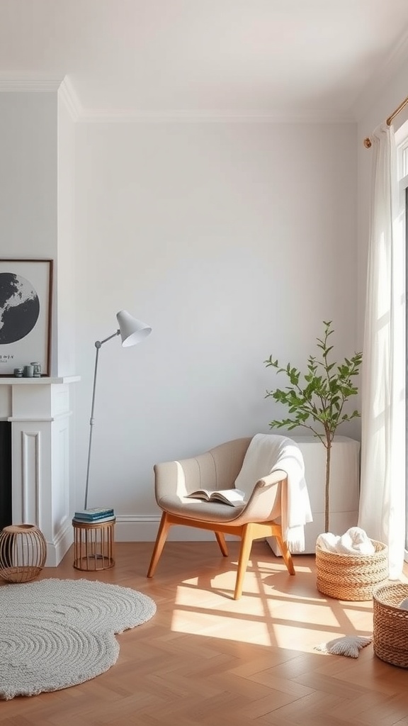 A cozy corner nook in a Scandinavian living room with a chair, a lamp, and plants.
