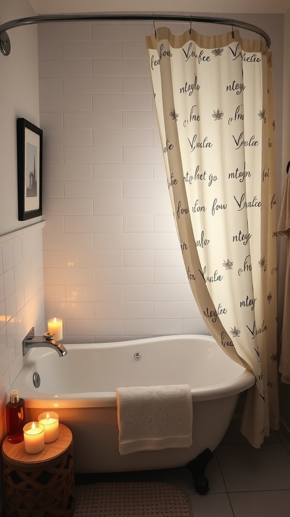 A cozy bathtub nook with candles, a towel, and a decorative shower curtain.