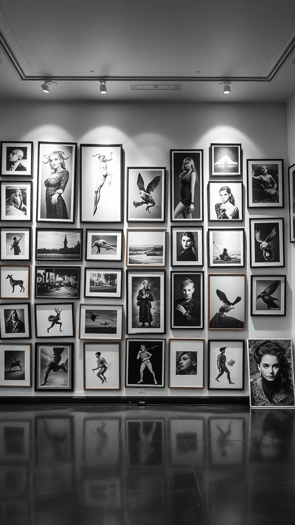 A floor-to-ceiling gallery wall featuring various black-and-white framed art pieces.