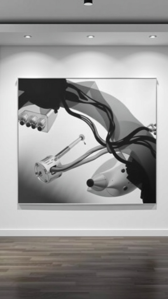 A monochrome gallery wall featuring a large abstract print as the focal point.