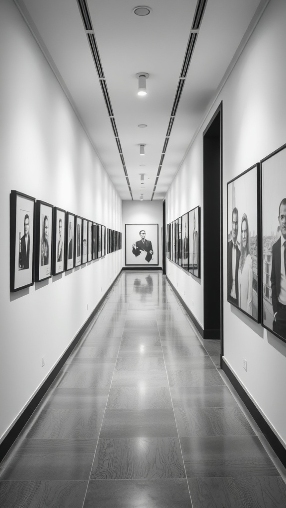 A hallway displaying a monochrome gallery wall with framed black-and-white portraits.