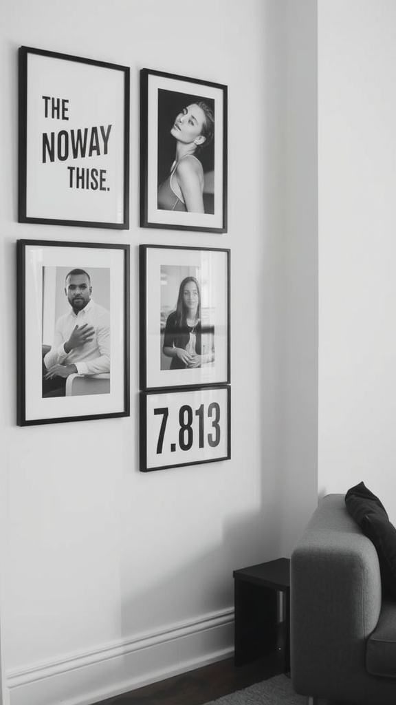 Monochrome gallery wall featuring black-and-white prints in simple frames