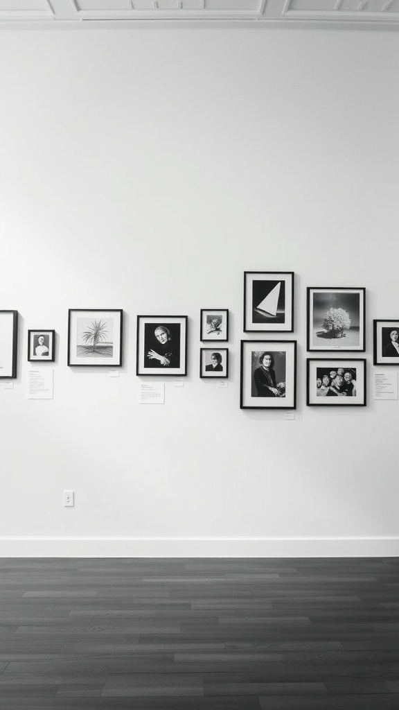 A gallery wall featuring black-and-white prints in simple frames.