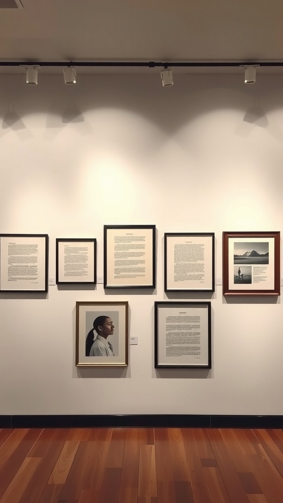 A gallery wall displaying various framed prints and photographs in different frame styles.