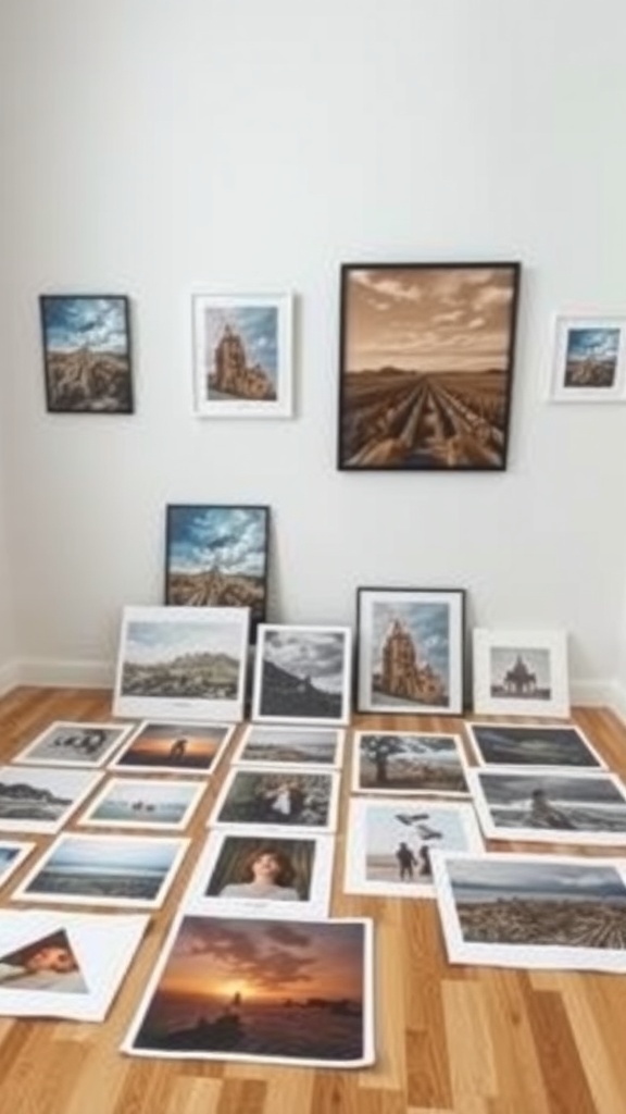 A collection of black-and-white and abstract prints arranged for a gallery wall.