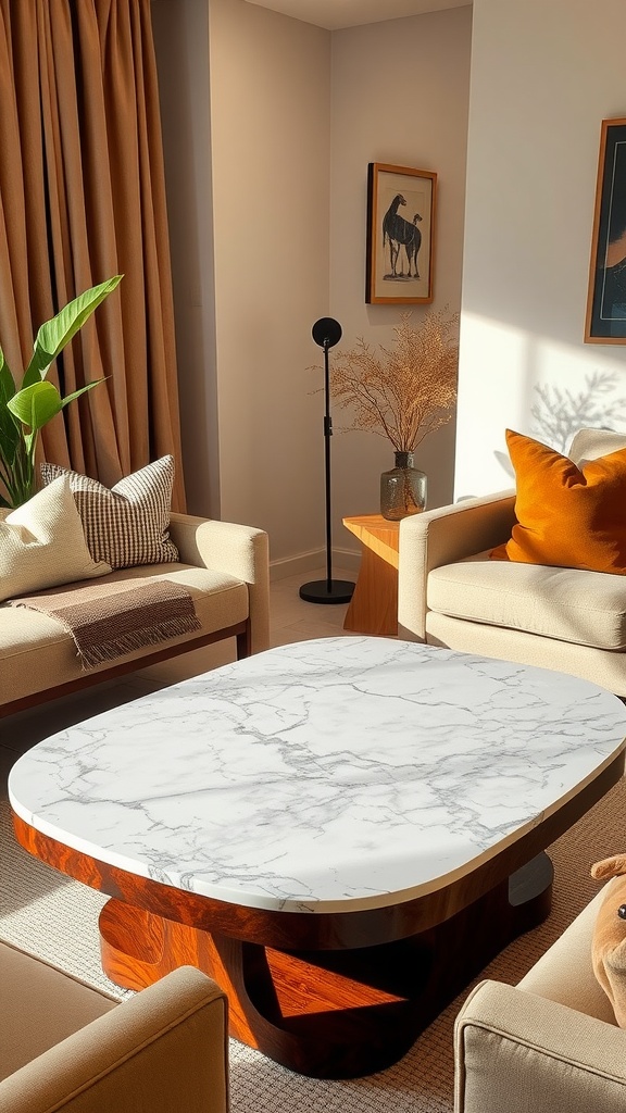 A chic coffee table with a marble top and wooden legs, set in a cozy living room.