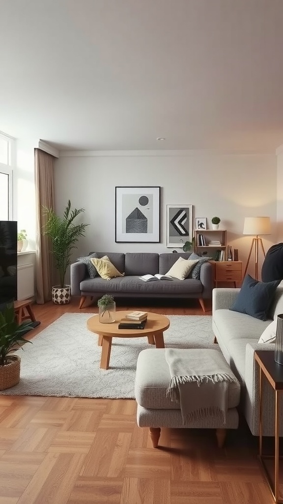 A cozy Scandinavian living room featuring a gray sofa, wooden coffee table, and plants