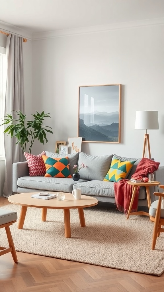 A cozy Scandinavian living room with colorful cushions on a gray sofa, wooden furniture, and neutral decor.