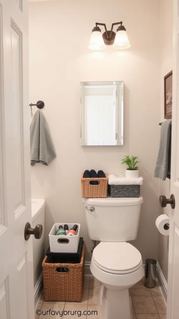 A compact bathroom featuring DIY storage solutions like woven baskets and organized towels.