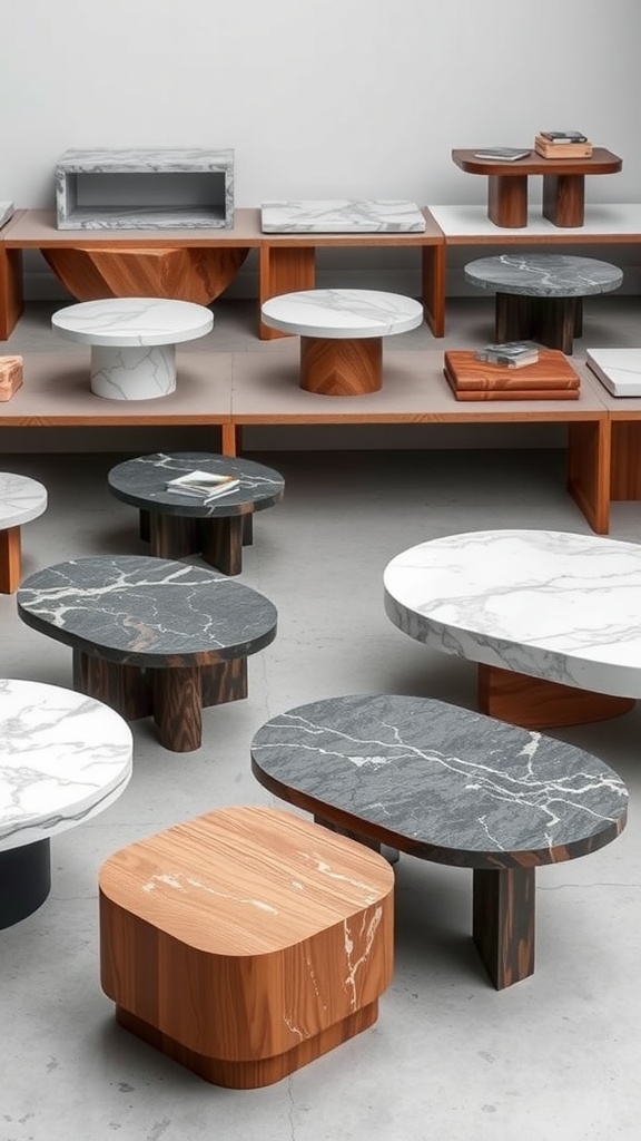A collection of stylish coffee tables featuring marble tops and wooden legs in various shapes and designs.
