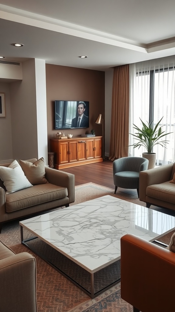 A modern living room featuring a marble coffee table surrounded by cozy seating arrangements.