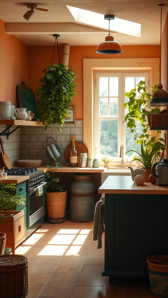 A cozy kitchen with an earthy color palette featuring warm oranges and greens.