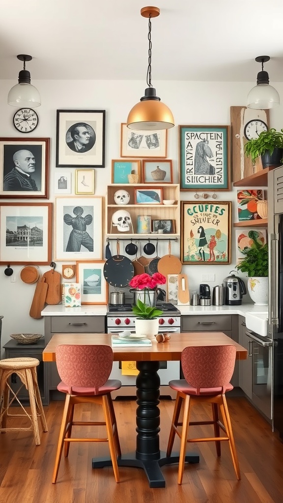 Eclectic art collection in a bohemian kitchen with colorful frames and decor.