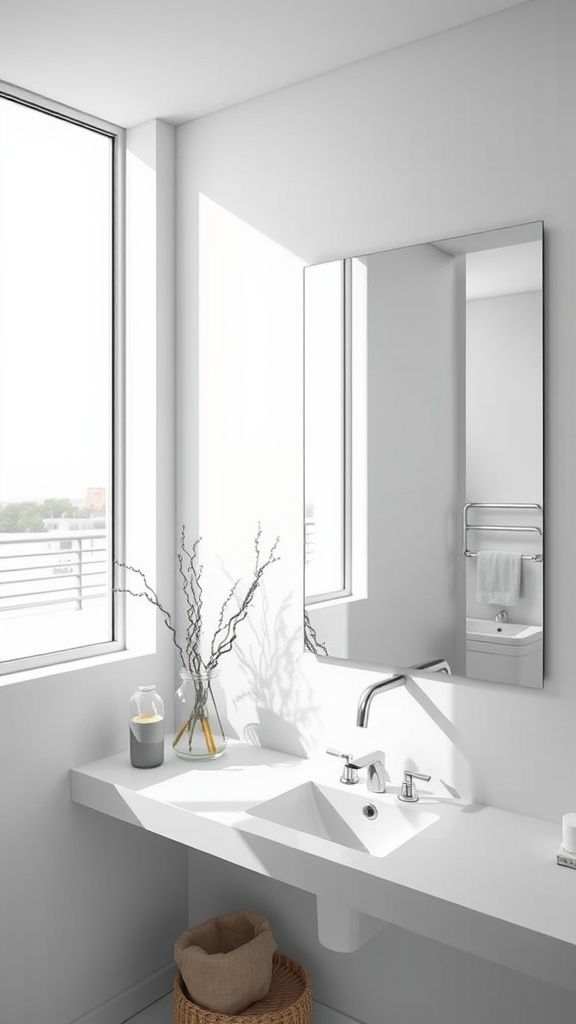 A bright and minimalistic bathroom featuring a large mirror and a modern sink.