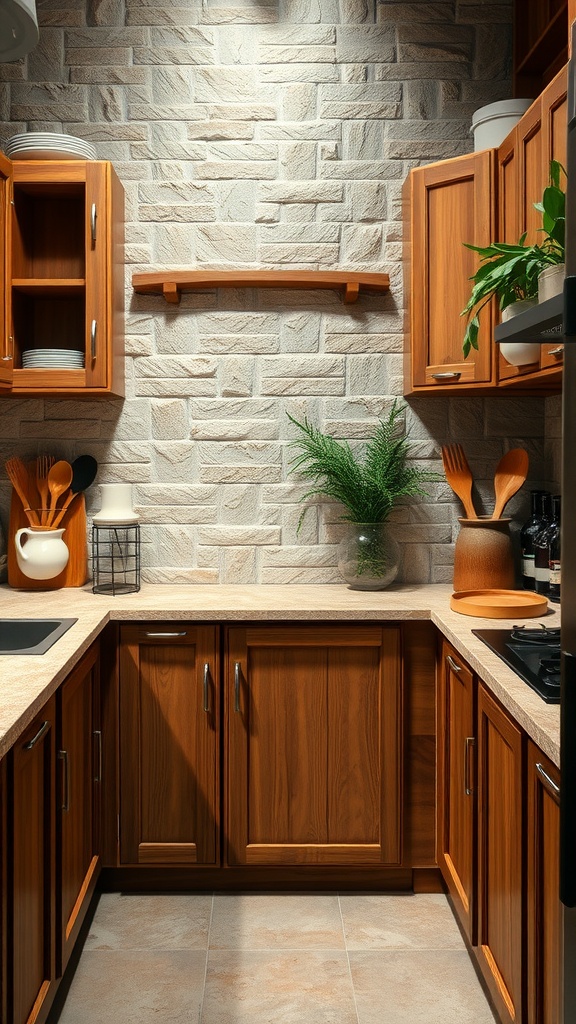 A cozy kitchen featuring wooden cabinets and stone walls with greenery.