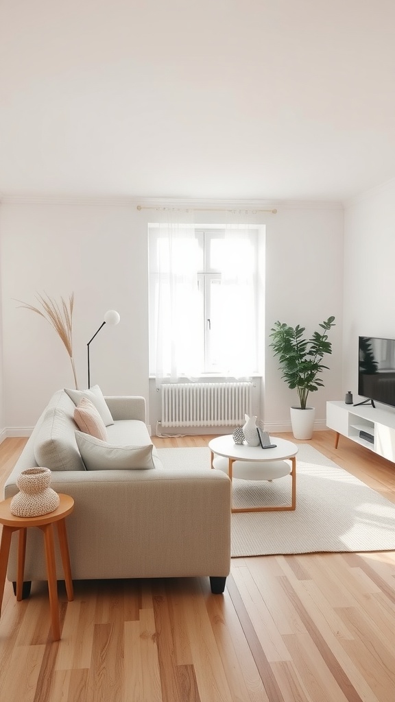 A cozy Scandinavian living room with a light sofa, coffee table, and plants.