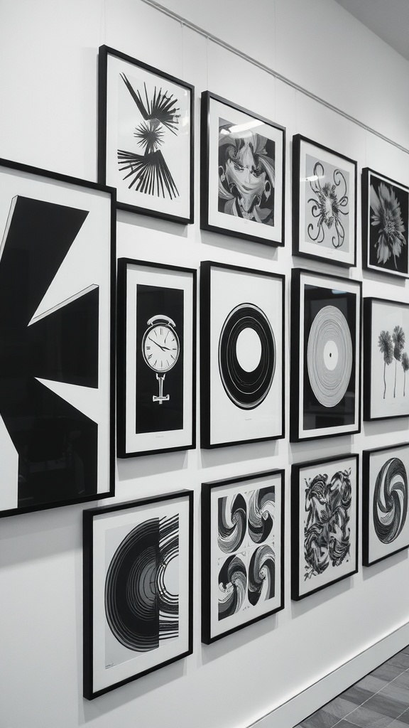A monochrome gallery wall featuring various black-and-white abstract prints and line art in simple frames.