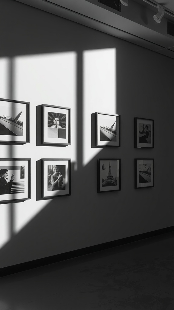 Monochrome gallery wall with black-and-white prints and sunlight casting shadows.