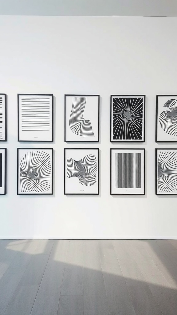 Monochrome gallery wall showcasing black-and-white abstract prints with bold line art.