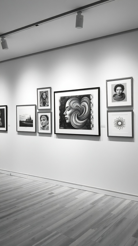 A monochrome gallery wall featuring black-and-white abstract prints and line art in simple frames.