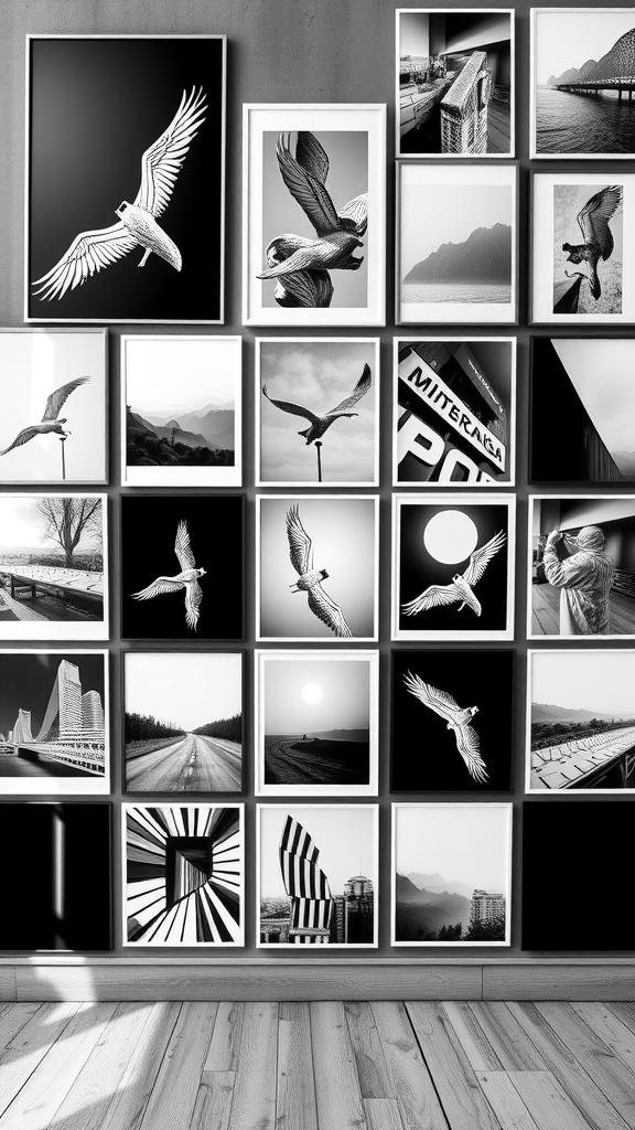 A stylish monochrome gallery wall featuring various black-and-white abstract prints and line art.