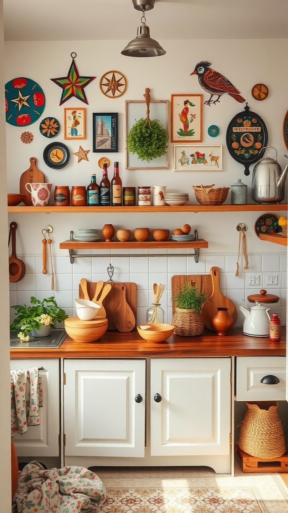 A bohemian kitchen decorated with folk art, featuring colorful plates and wooden utensils.