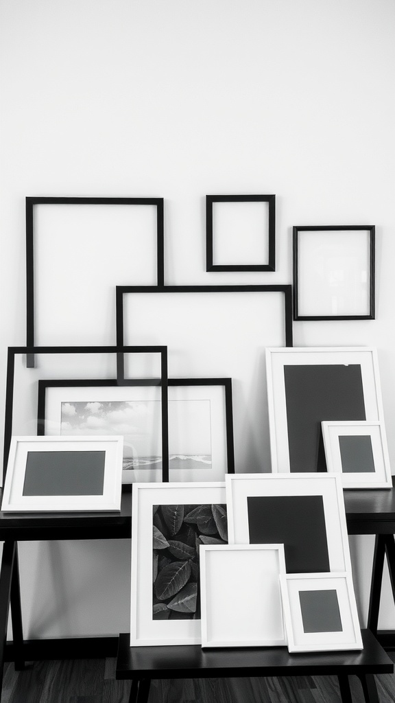 A collection of black and white frames arranged artfully on a table.