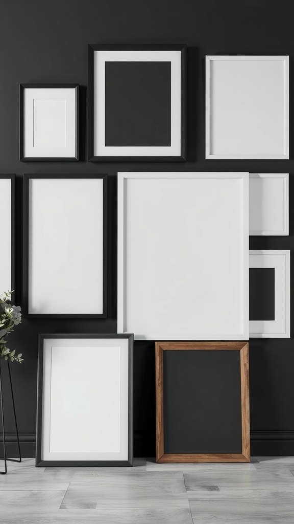 Gallery wall featuring various black and white frames against a dark wall.