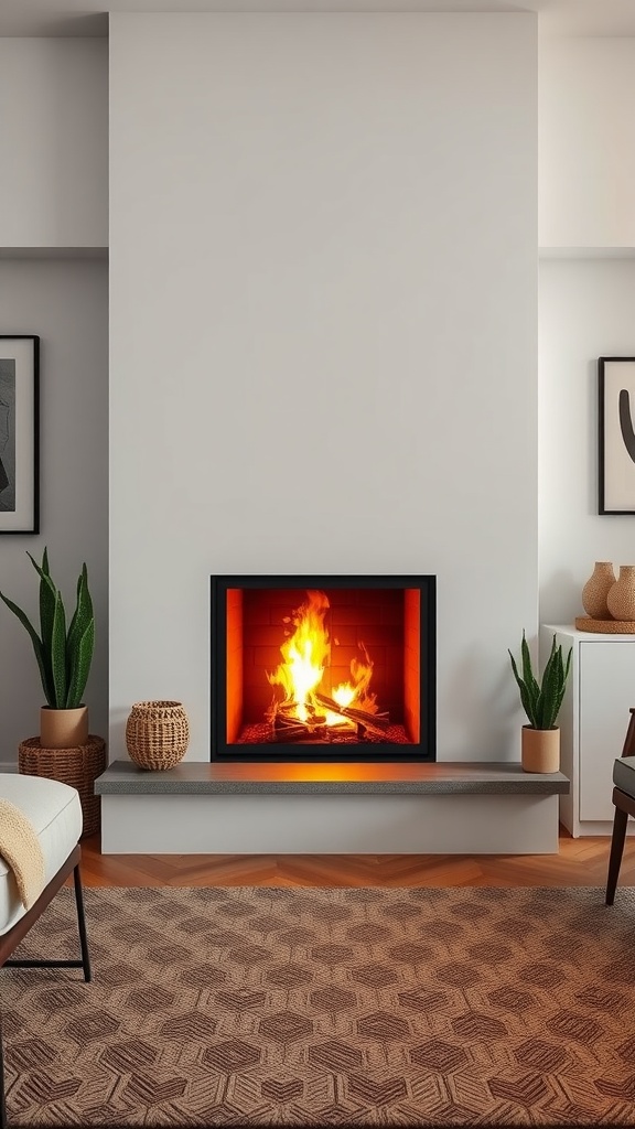 A cozy living room featuring a functional fireplace with a warm fire.