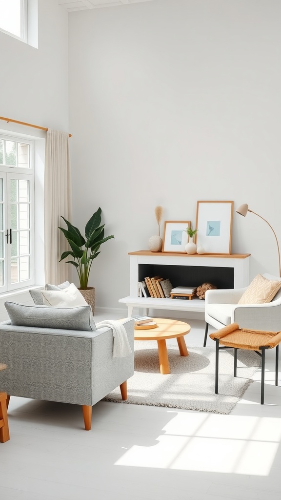 A cozy Scandinavian living room with minimalist furniture and a light color palette.