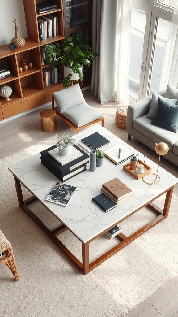 A stylish coffee table with a marble top and wooden legs, surrounded by cozy furniture.