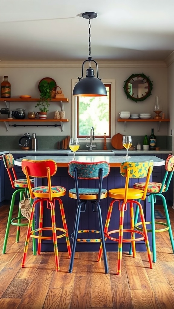 Colorful bar stools in a bohemian kitchen